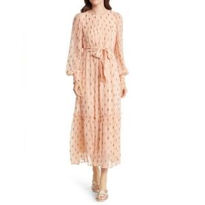 Ciebon Peachy Chiffon Metallic Ruffled Peasant Prairie Belted Pocket Maxi  Dress
